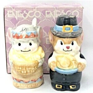 Enesco Thanksgiving Pilgrim & Indian Mouse Salt & Pepper Shakers w/Box VTG 80s